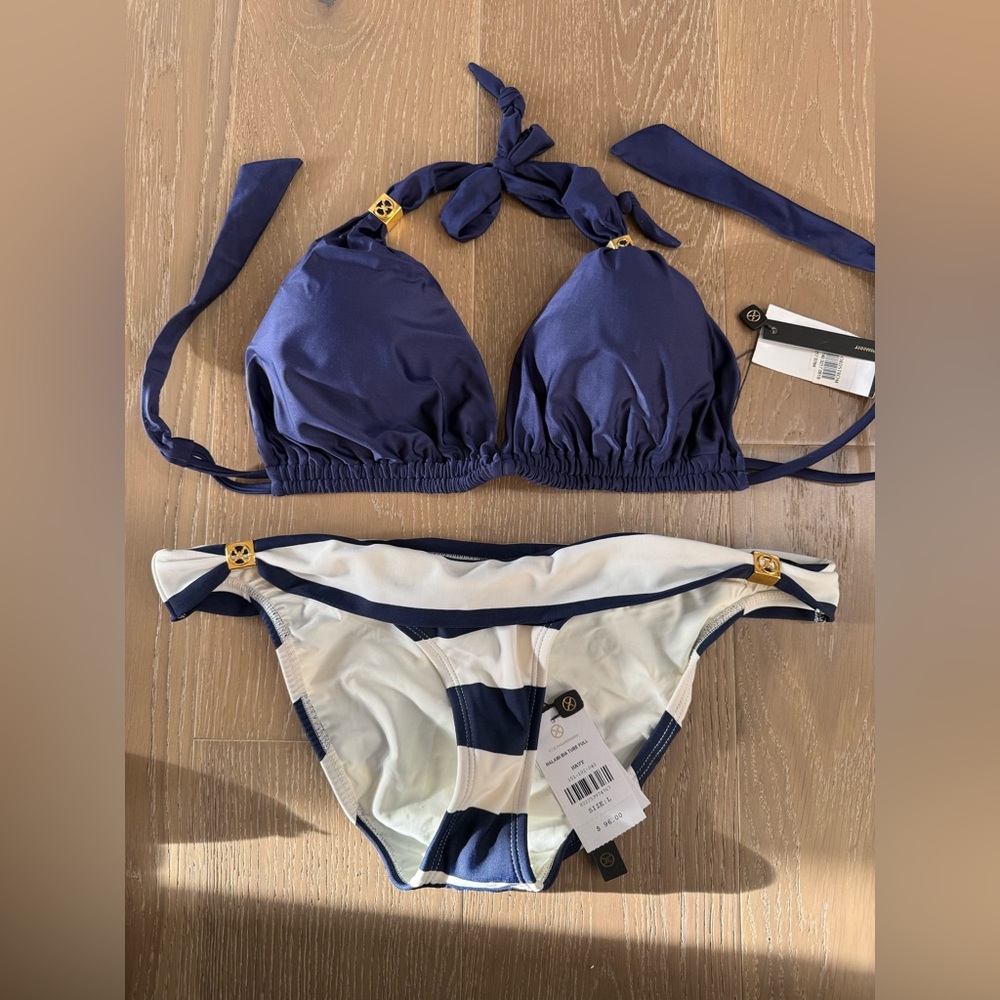 Navy & White Stripe Triangle Bikini with Gold Accents - Women